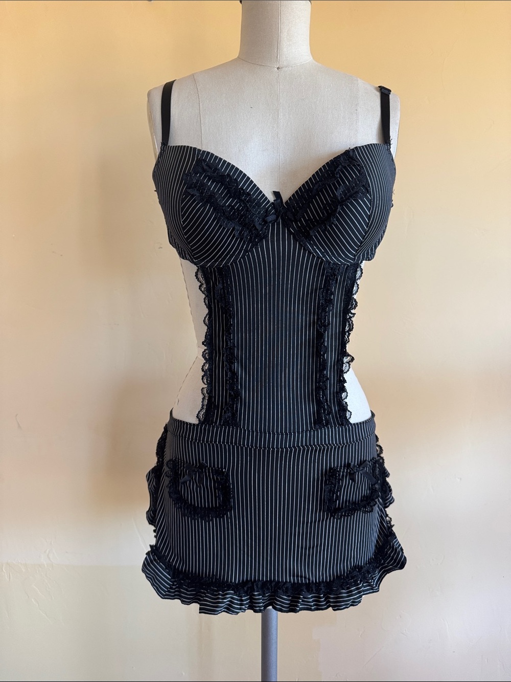 Black Pinstripe Lace-Trim Bustier Chemise